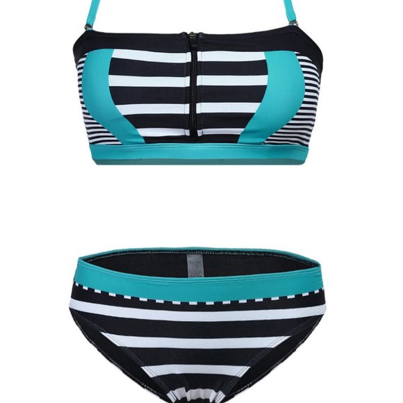 Green Patch Striped Bustier Bikini Swimsuit - Picture 6 of 12